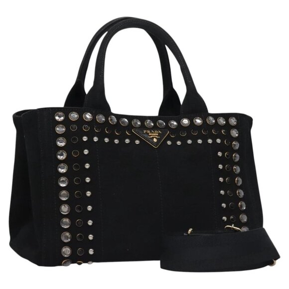 PRADA Canapa PM Hand Bag Canvas 2way Black Gold Auth 115985AV - Picture 1 of 15